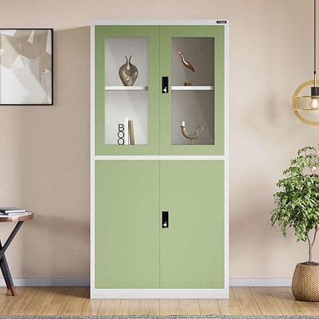 Interio by Godrej Almirah StorEase 4-Door Display Unit with Glass & Steel Swing Doors (Pale Green), 1-Year Warranty, 2 Shelves