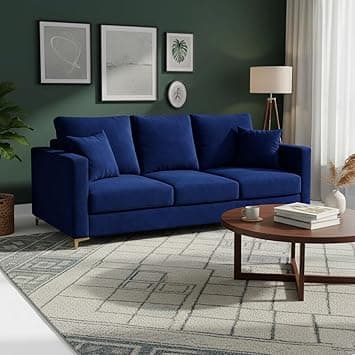 Hayes Rich Velvet Suede 3 Seater Sofa | Golden Aesthetic Legs | Spacious Soft Touch Comfort Seating | Modern Sofa for Living Room (Dark Blue)