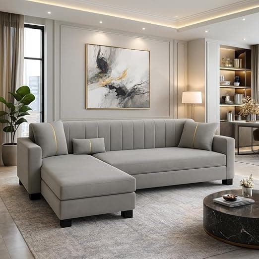 SOCOZI Almeria 4 Seater LHS L Shape Sofa Set | Soft Velvet Suede Fabric | Modern Design | Plush Comfort Cushions for Living Room (Light Grey)