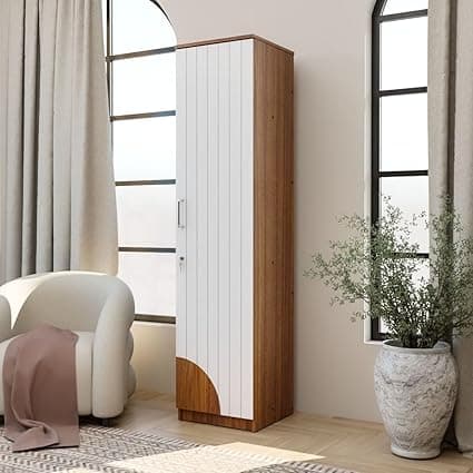 Uno Engineered Wood Wardrobe for Clothes with 1 Door | Storage Cabinet for Kitchen | Multipurpose Almirah for Bedroom, Living Room | 1 Year Warranty - White Fluted Door with Leon Teak Finish
