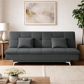 AMATA Eagle Solid Wood 3 Seater Sofa Cum Bed Sky Blue Suede Vlevet Fabric with Two Cushions Perfect for Home Living Office Room and Guests (Aqua Blue, Medium)(3 Year Warranty)