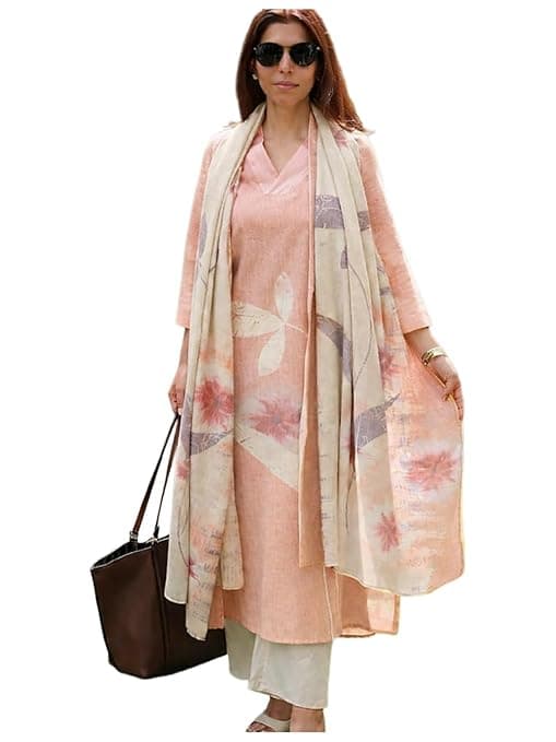 ANNI Designer Women Cotton Blend Straight Fit Printed Kurta Pant Dupatta Set | V Neck Three Quarter Sleeve Ensemble | Soft Breathable Fabric | Comfortable Elegant Styling for Office Casual Wear