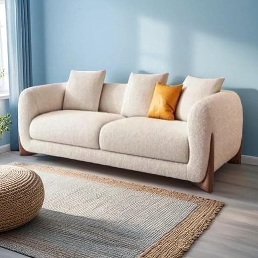 Modern Sofa Chesterfield Design with Stylish Wooden Legs Bouncy Teddy Fabric Off-White Finish Sofa for Living Room, Bedroom, Hallways (2 Seater)