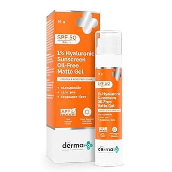 The Derma Co 1% Hyaluronic Sunscreen Oil-Free Matte Gel SPF 50 PA++++ | For Oily, Acne-Prone Skin | Lightweight Texture | No White Cast | Broad Spectrum Protection & Blue Light Protection | Non- Comed