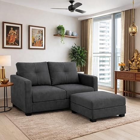 FURNY Heritage 2 Seater Fabric Sofa Set with 1 Ottoman (Dark Grey) with Velvet Finish | Durable Comfort | Ideal for Living Room.