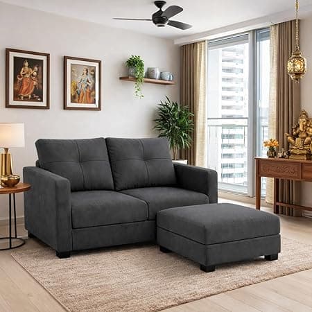 FURNY Heritage 2 Seater Fabric Sofa Set with 1 Ottoman (Dark Grey) with Velvet Finish | Durable Comfort | Ideal for Living Room.