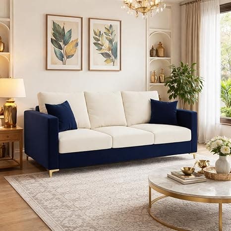 Hayes Dual Tone Rich Velvet Suede 3 Seater Sofa | Golden Aesthetic Legs | Spacious Soft Touch Comfort Seating | Modern Sofa for Living Room (Dark Blue & Cream)