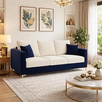 Hayes Dual Tone Rich Velvet Suede 3 Seater Sofa | Golden Aesthetic Legs | Spacious Soft Touch Comfort Seating | Modern Sofa for Living Room (Dark Blue & Cream)