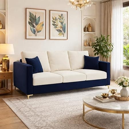 Hayes Dual Tone Rich Velvet Suede 3 Seater Sofa | Golden Aesthetic Legs | Spacious Soft Touch Comfort Seating | Modern Sofa for Living Room (Dark Blue & Cream)
