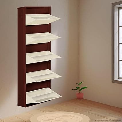 DELITE KOM 24" Wide, 10 Shelf Metal Shoe Rack Wall Mounted for Home with Central Lock Holds Upto 30 Shoes or 50 Slippers Pair | Double Decker, 1 Yr Warranty, (67x24x8, Coffee_Ivory), DIY, Space Saver