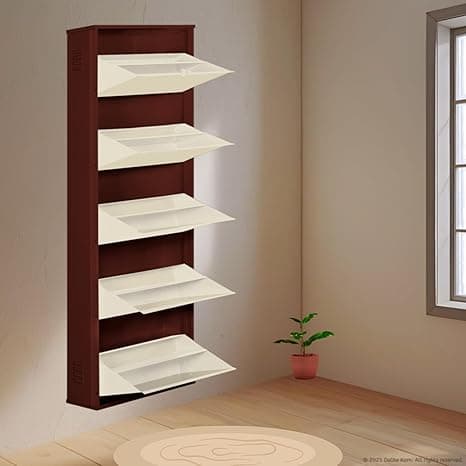DELITE KOM 24" Wide, 10 Shelf Metal Shoe Rack Wall Mounted for Home with Central Lock Holds Upto 30 Shoes or 50 Slippers Pair | Double Decker, 1 Yr Warranty, (67x24x8, Coffee_Ivory), DIY, Space Saver