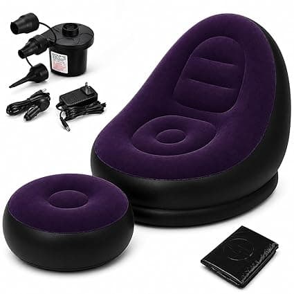 Inflatable Lounge Chair for Adults with Ottoman, Foldable Air Sofa Couch, Portable Blow Up Chair for Living Room Bedroom, Comfortable Indoor Seating, 150 kg Capacity (Purple)