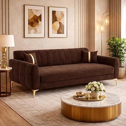 Hermione Luxe Velvet-Suede Fabric 3 Seater Sofa | Comfortable Seating | Modern Sofa for Living Room – Dark Brown