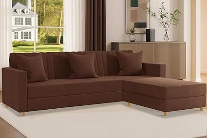 Rosebell 3 + 1 Wooden Four Seater L-Shaped Sectional Sofa Set | Space-Saving Velvet Couch for Living Room & Office |Space-Saving Modern Convertible Design - Brown Color