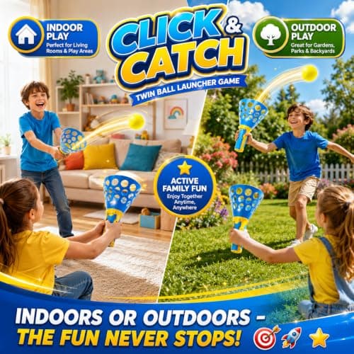 Toyndia Click and Catch Twin Ball Launcher Game with 3 Balls | Pop & Catch Ball Toy Set | Indoor Outdoor Sports Game for Kids | Active Play Toy for Boys & Girls 3+ Years | Multicolor (Pack of 1) 2