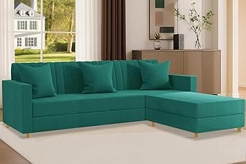 Rosebell 3 + 1 Wooden 4 Seater L Shape Velvet Sofa Set | Convertible Modular Sectional Couch for Living Room | Space-Saving Design for Home & Office - Green