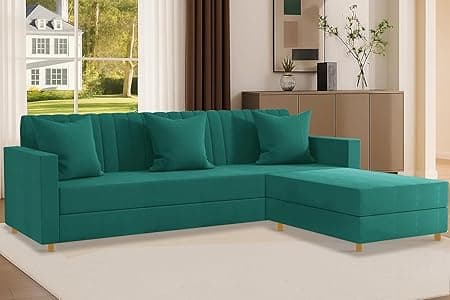 Rosebell 3 + 1 Wooden 4 Seater L Shape Velvet Sofa Set | Convertible Modular Sectional Couch for Living Room | Space-Saving Design for Home & Office - Green