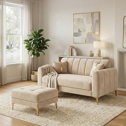 Hermione Luxe Velvet-Suede Fabric 2 Seater Sofa Set with Ottoman | Golden Legs | Comfortable Seating | Modern Sofa for Living Room – Cream