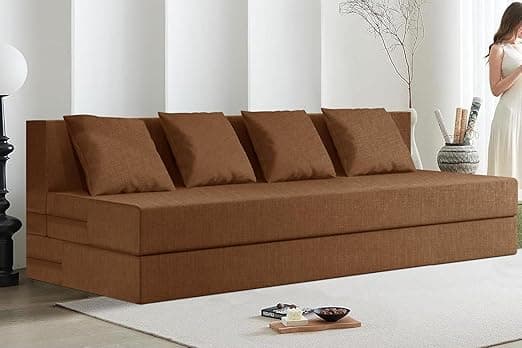 Rosebell 4 Person Sofa Cum Bed Jute Fabric Washable Cover Including Four Cushion - Size 6' X 6' Ft | Color - Brown | Perfect for Home & Office