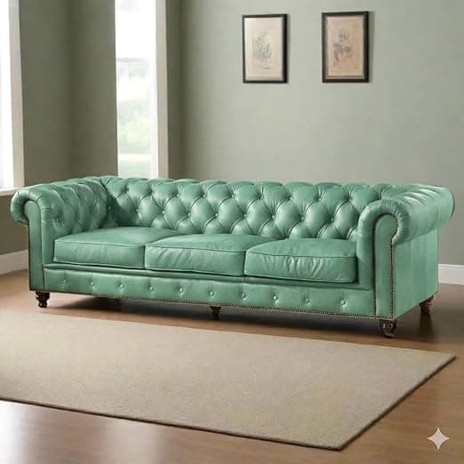 Classic Leatherette Chester Sofa Set Button Tufted, Classic Style Sofa Set 3-Person Sofa for Living Room, Office, and Hallway Colour (Mint Green Leatherette, 3 Seater Sofa)