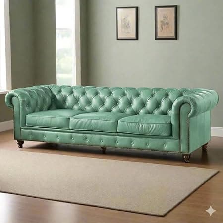 Classic Leatherette Chester Sofa Set Button Tufted, Classic Style Sofa Set 3-Person Sofa for Living Room, Office, and Hallway Colour (Mint Green Leatherette, 3 Seater Sofa)