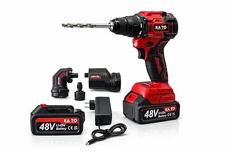 KAITO 48V Cordless Hammer Drill Machine | Brushless Motor with 13MM Metal Removable Chuck | 2000 RPM & 128 Nm Torque | Includes 4 Attachments, 2x 5.0Ah Li-ion Batteries, & Charger