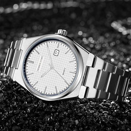 SWADESI STUFF Mens Silver Dial Stainless Steel Date Display Analogue Wrist Watch (White), Band Color-Silver 3