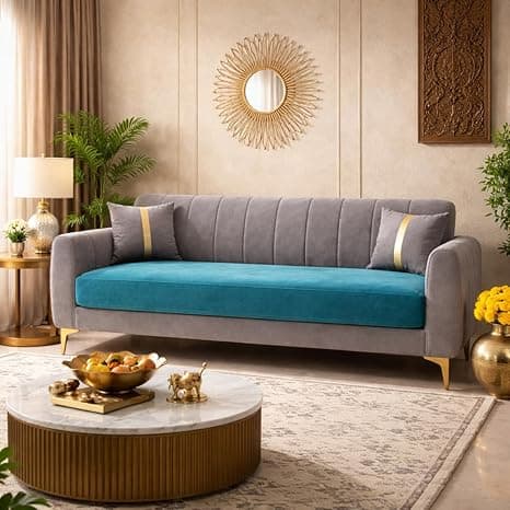 Hermione Luxe Velvet-Suede Fabric Dual Tone 3 Seater Sofa | Golden Legs | Comfortable Seating | Modern Sofa for Living Room – Dark Gray & Aqua Blue