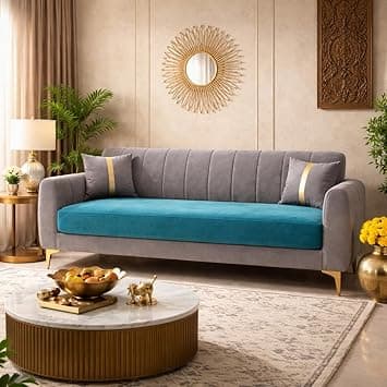 Hermione Luxe Velvet-Suede Fabric Dual Tone 3 Seater Sofa | Golden Legs | Comfortable Seating | Modern Sofa for Living Room – Dark Gray & Aqua Blue