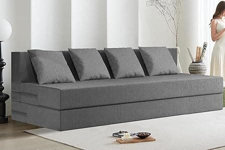 Rosebell Lightweight Easy Four-Person Four Seater Sofa Cum Bed Jute Fabric Washable Cover- Including 4 Cushion - Size 6X6 Feet | Color - Grey | Perfect for Living Room