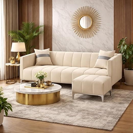 Solomon Luxe Velvet-Suede Fabric 3 Seater Sofa Set with Ottoman | Silver Aesthetic Legs | Comfortable Seating | Modern Sofa for Living Room – Cream