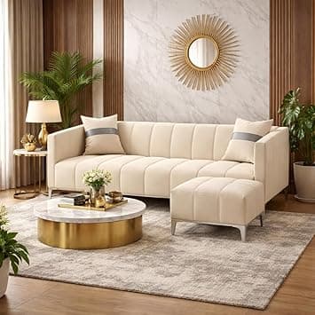 Solomon Luxe Velvet-Suede Fabric 3 Seater Sofa Set with Ottoman | Silver Aesthetic Legs | Comfortable Seating | Modern Sofa for Living Room – Cream
