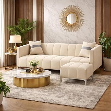 Solomon Luxe Velvet-Suede Fabric 3 Seater Sofa Set with Ottoman | Silver Aesthetic Legs | Comfortable Seating | Modern Sofa for Living Room – Cream