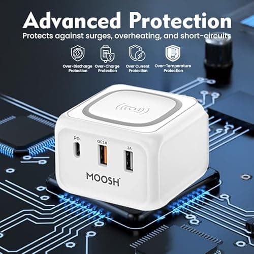 Moosh USB Charger Multi Port Wireless Charging Station 33W Cube with 10W Wireless Charging Dock 18W Power Delivery Type C Port + QC 3.0 + USB A Home Charger 1.5M Cable India Pin Smart Charger (White) 2