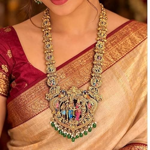 Visaga Aura Premium Sita Ramam Temple Jewellery Long Haram Set for Women | Antique Gold Plated Bridal Necklace with Rama Sita Lakshmi Motifs & Pearl Danglers | Traditional South Indian Wedding Jewelle 2
