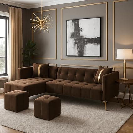 Luxvivo 6 Seater Fabric LHS L Shape Sofa Set with 2 Puffy Table| Soft Velvet Upholstery, Sturdy Wooden Frame | Stylish Sofa for Living Room, Hall & Office Spaces (Dark Brown)