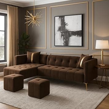 Luxvivo 6 Seater Fabric LHS L Shape Sofa Set with 2 Puffy Table| Soft Velvet Upholstery, Sturdy Wooden Frame | Stylish Sofa for Living Room, Hall & Office Spaces (Dark Brown)