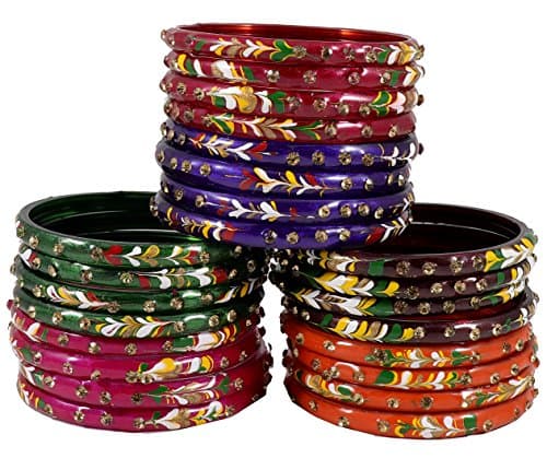 NMII Glass with Zircon Gemstone Studded worked and Flower Pattern Glossy Finished Kada Set For Women and Girls, (MultiColour_2.2 Inches), Pack Of 24 Kada Set 3