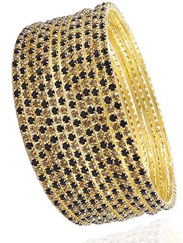 ZULKA Non-Precious Metal Base Metal with Zircon Gemstone Studded worked Glossy Finished Bangle Set For Women and Girls, (Black-Golden_2.8 Inches), Pack Of 12 Bangle Set
