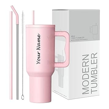Stainless Steel Insulated Tumbler with Lid & Straw, 100% Leakproof Double Wall Tumblers with Handle, Hot & Cold Drink Sipper for Office,Gym & Outdoors 1200ml Tumbler (Pink Personalized)