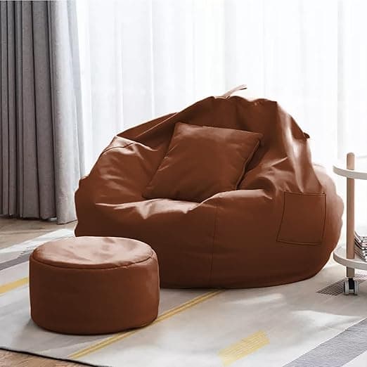 Gold 3XL Bean Bag Combo with Footstool & Cushion | Faux Leather Teardrop Bean Bag for Adults & Teens | Pre-Filled with Beans | Home, Bedroom, Living Room, Office (3XL - Tan)