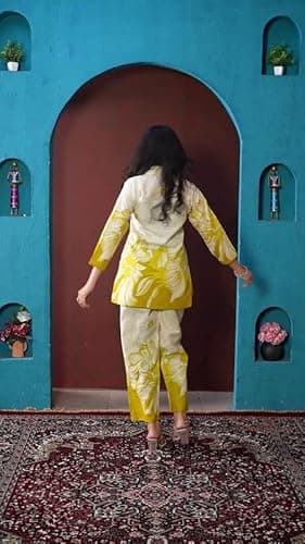 AK Fashion Mall Women Floral Printed Co-Ord Set | Cotton Fabric | Cream–Mustard | Collared Top with Pant | 3/4 Sleeve | Smart Office Wear 5