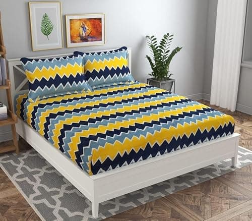 BSB HOME Premium Double Bedsheet with 2 Pillow Covers - 160 TC Supersoft Glace Cotton - Breathable & Wrinkle Free - 3 Pcs Set | Yellow & Grey 4