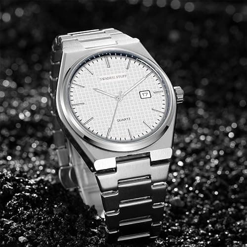 SWADESI STUFF Mens Silver Dial Stainless Steel Date Display Analogue Wrist Watch (White), Band Color-Silver 4