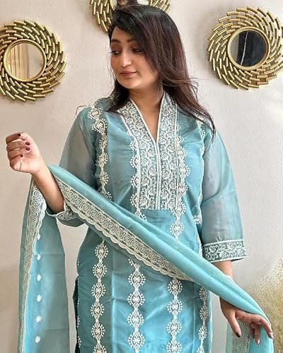 CLOSTYLE Women's Vichitra Silk Embroidery Salwar Suit Set Kurta Pant with Dupatta Sky Blue Kurta Set for Women (IN, Alpha, L, Regular, Womens, Sky Blue) 3