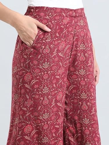 GO COLORS Soft Viscose Printed Palazzo Full Length for Women| Breathable, Mid Rise, Dark Pink 5