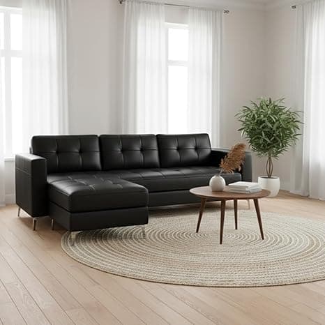 CASASTYLE Creamoy 3 Seater Leatherette Sofa Set with Extra Ottoman (Black) with Premium Finish | Durable & Comfortable | Ideal for Living Rooms