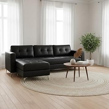 CASASTYLE Creamoy 3 Seater Leatherette Sofa Set with Extra Ottoman (Black) with Premium Finish | Durable & Comfortable | Ideal for Living Rooms