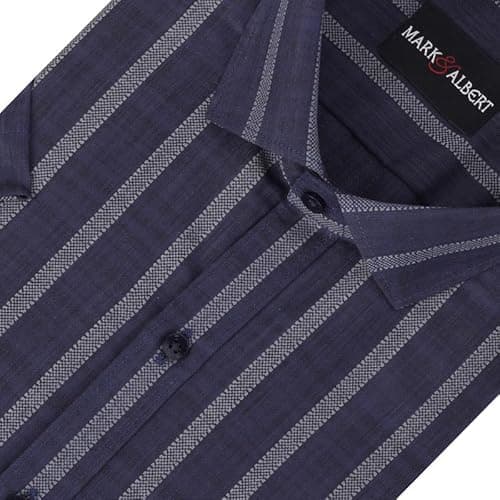 MARK & ALBERT Men's Half Sleeve Cotton Linen Striped Shirt Ink Blue 2