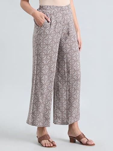 GO COLORS Soft Viscose Printed Palazzo Full Length for Women| Breathable, Mid Rise, Brown 2